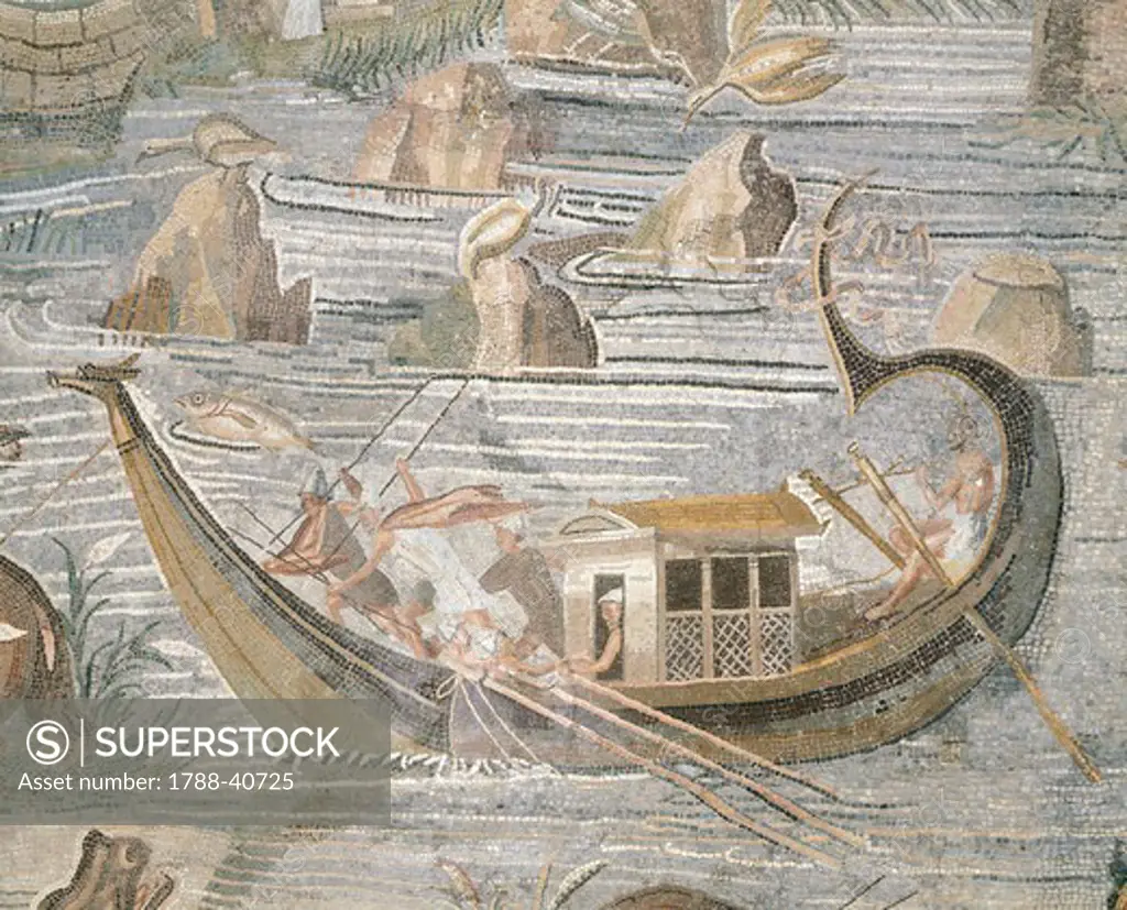 Mosaic depicting a bireme navigating the Nile, from Palestrina, Lazio. Roman Civilization, 1st Century BC.
