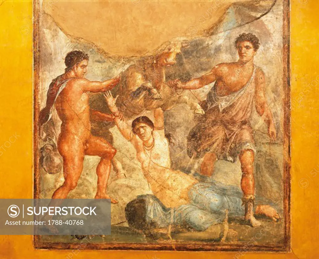 The punishment of Dirce, a fresco from the House of the Vettii, Pompeii (UNESCO World Heritage List, 1997), Campania. Roman Civilization, 1st Century.
