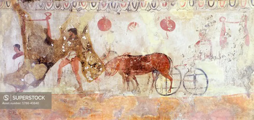 Journey to the underworld, painted slab from the Necropolis in Andriuolo-Laghetto in Paestum, Campania, Italy. Ancient Greek civilization, Magna Graecia, 4th Century BC.