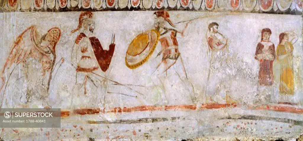 Battle scene between warriors, fresco from the Necropolis in Andriuolo-Laghetto in Paestum, Campania, Italy. Ancient Greek civilization, Magna Graecia, 4th Century BC.