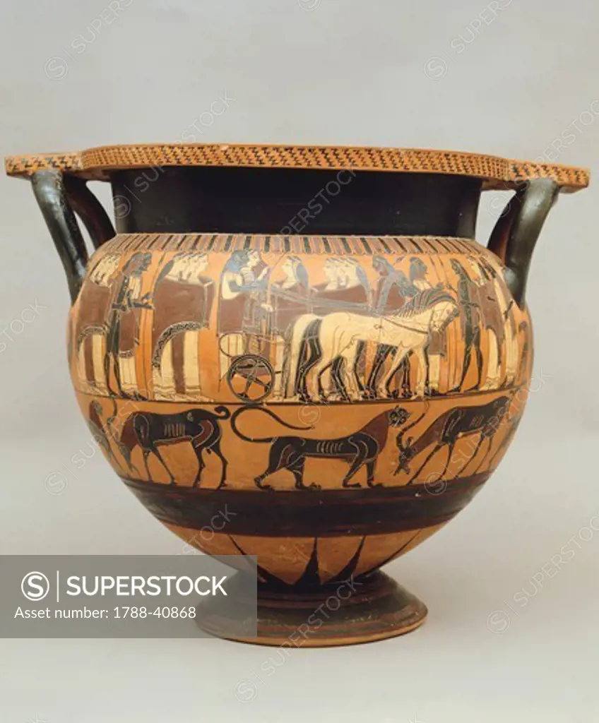 Krater representing a wedding procession, pottery from Magna Grecia, Italy. Greek Civilization, 5th-4th Century BC.