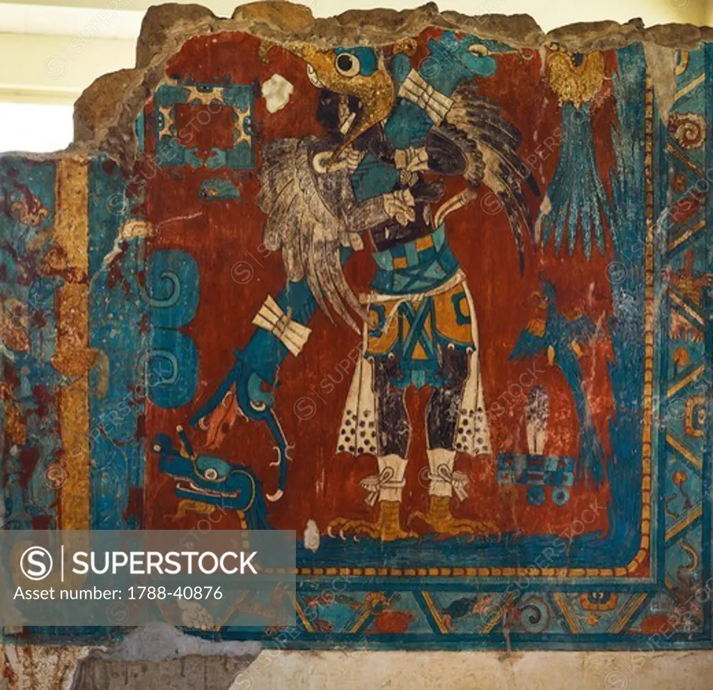 Frescoes showing the man-bird Quetzal, artefact from Cacaxtla, Tlaxcala (Mexico). Pre-Colombian Civilization.