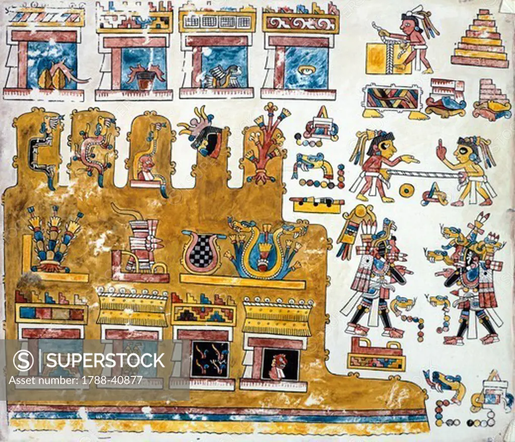 Historical genealogical scene, a copy of the Code of Vienna or Vindobonense, Mexico. Mixtec Civilization.