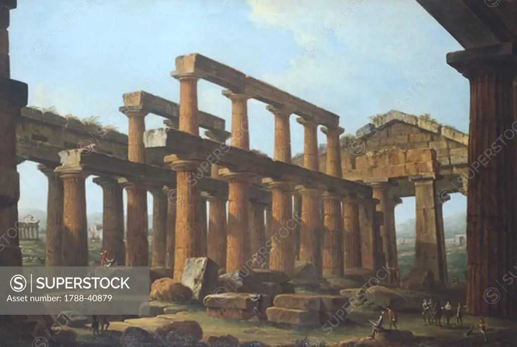 The Temple of Poseidon in Paestum, a painting by Antonio Joli (1700-1777).
