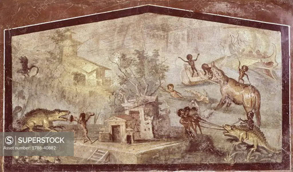 Fresco depicting a crocodile being hunted by Pygmies, from Pompeii (UNESCO World Heritage List, 1997), Campania. Roman Civilization, 1st Century.