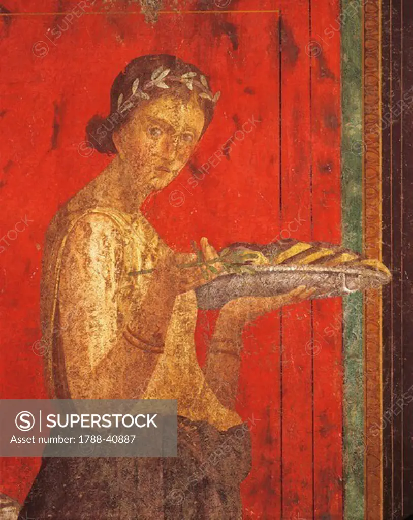 Fresco depicting a young girl bearing a plate of offerings, from the Villa of the Mysteries, Pompeii (UNESCO World Heritage List, 1997), Campania. Roman Civilization, 1st Century.