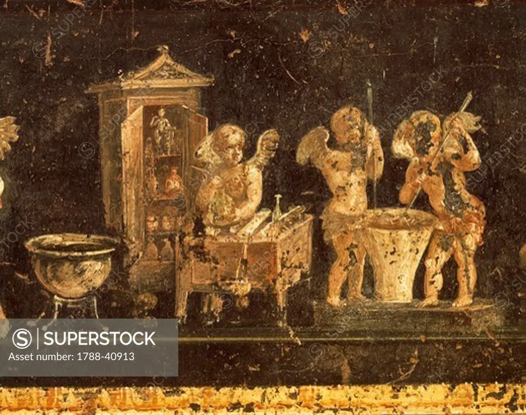 Fresco from the House of the Vettii, Pompeii (UNESCO World Heritage List, 1997), Campania. Roman Civilization, 1st Century.