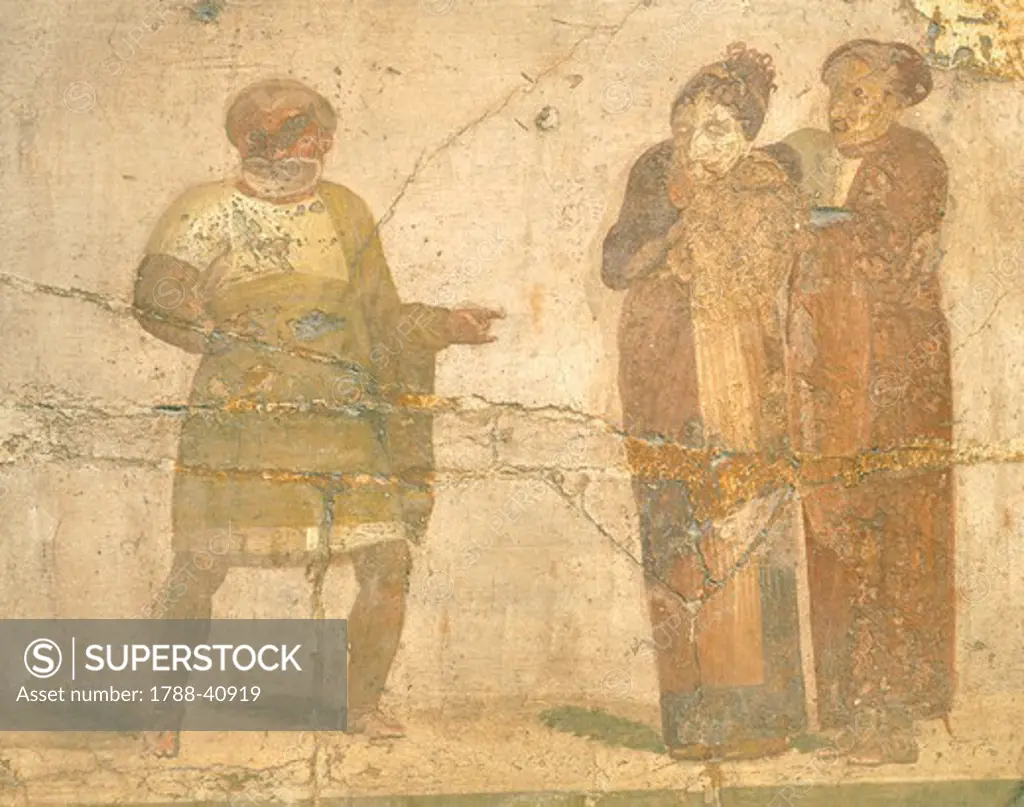 Fresco depicting a theater scene, from the Basilica of Herculaneum. Roman Civilization, 1st Century.