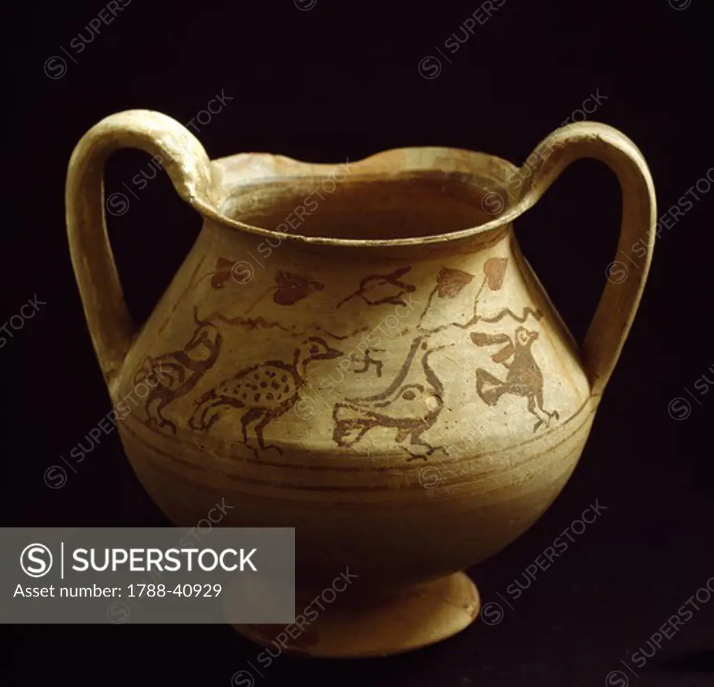 Vase decorated with geometric and zoomorphic figures, Daunia ceramics, Apulia, Italy. Peucetian Civilization, 4th-3rd Century BC.