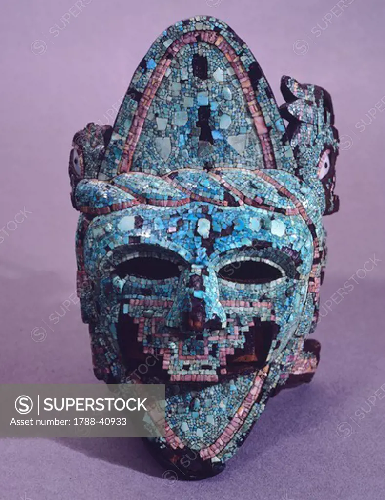 Aztec mask decorated with mosaic. Aztec Civilization, 14th-16th Century.