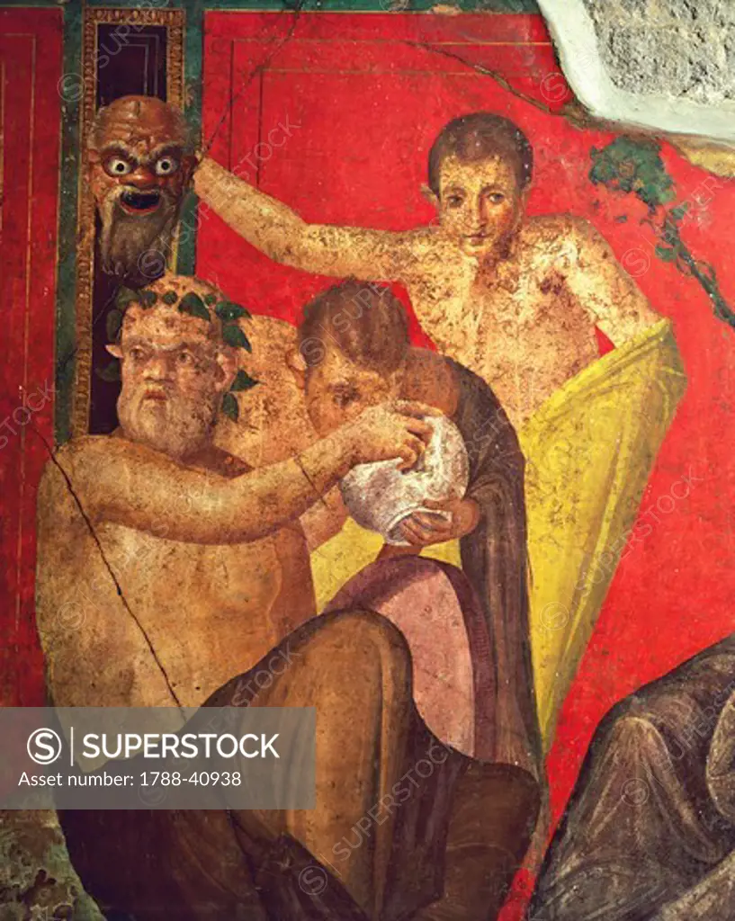 Detail of a fresco depicting a silenus with satyrs, Second Pompeian Style, from the Villa of the Mysteries, Pompeii (UNESCO World Heritage List, 1997), Campania. Roman Civilization, 1st Century.