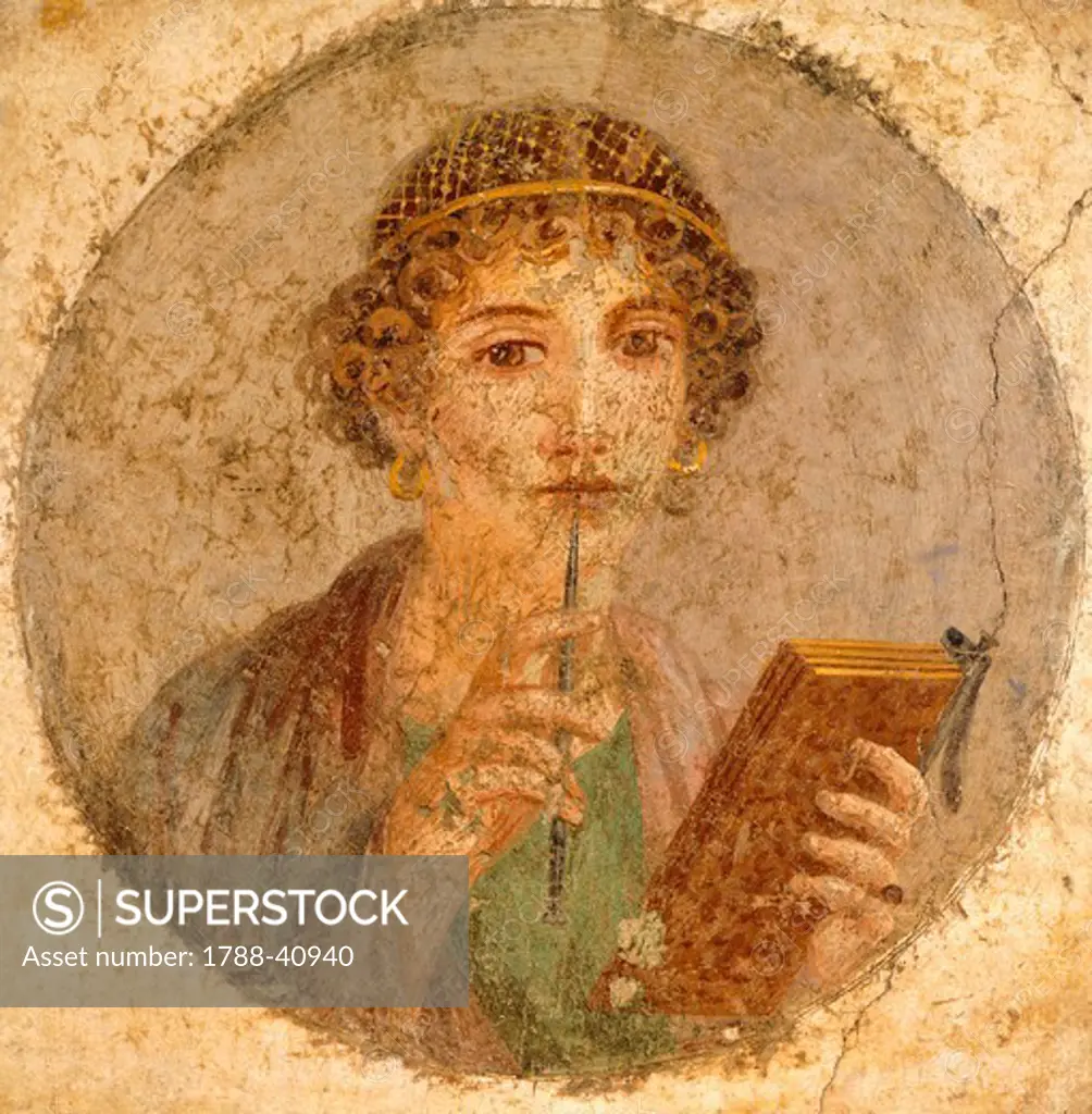Fresco depicting a portrait of young girl known as Sappho, from Pompeii (UNESCO World Heritage List, 1997), Campania. Roman Civilization, 1st Century.