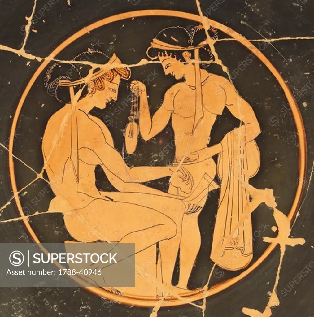 Attic vase, red-figure pottery. Detail of a gallant scene. Greek Civilization, 5th Century BC.