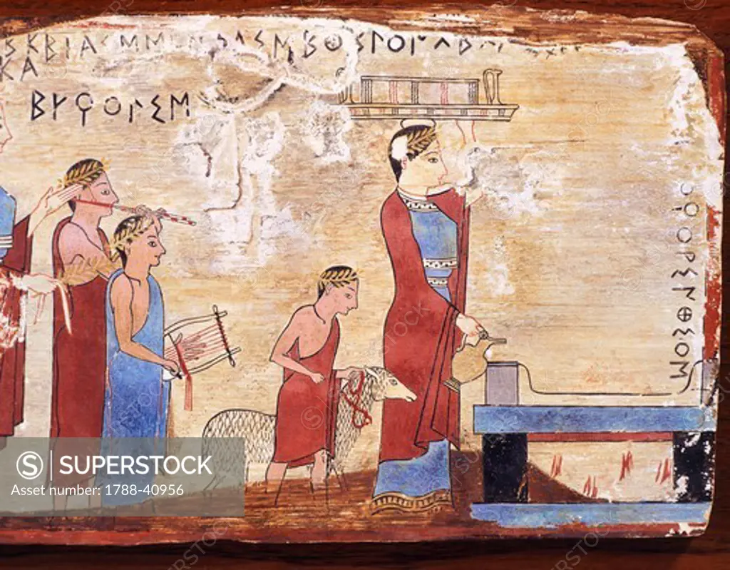 Scene showing a sacrifice, painted tablet from Pitsa, Greece. Greek Civilization, 6th Century BC.