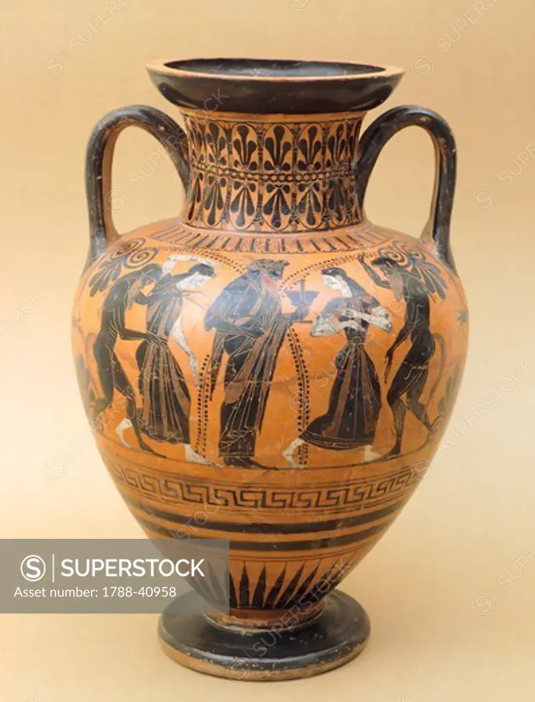 Attic amphora, ca 525 BC, from the school of Antimenes, black-figure pottery from Sicily, Italy. Ancient Greek civilization, Magna Graecia, 6th Century BC.