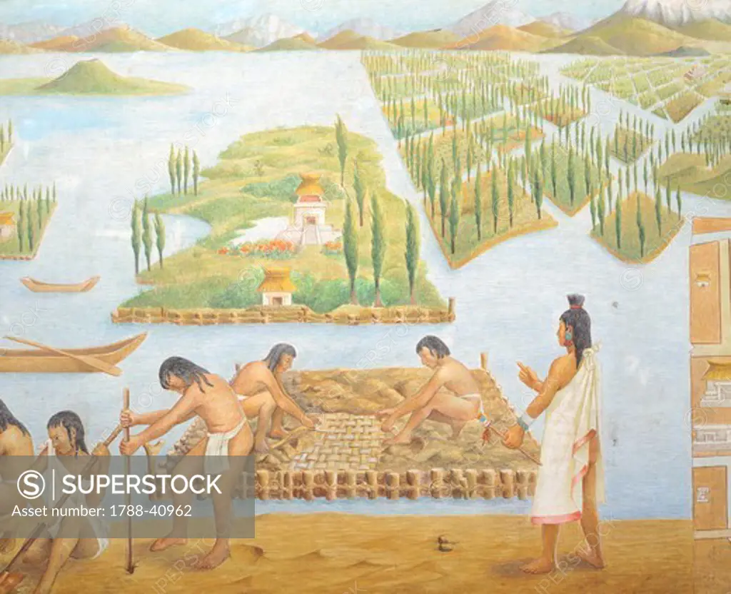 The construction of the city in Tenochtitlan: showing the Chinampas system the Aztecs used to stabilize the soil, Mexico 16th Century. A copy of an illustration taken from a manuscript.