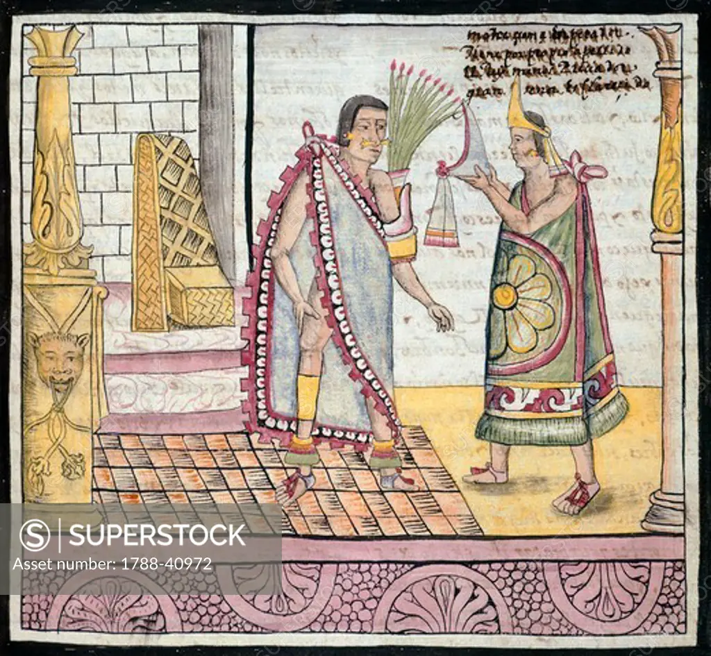 Montezuma elected Aztec Emperor, illustration taken from the History of the Indies by Diego Duran, 1579 manuscript, folio 152 recto.
