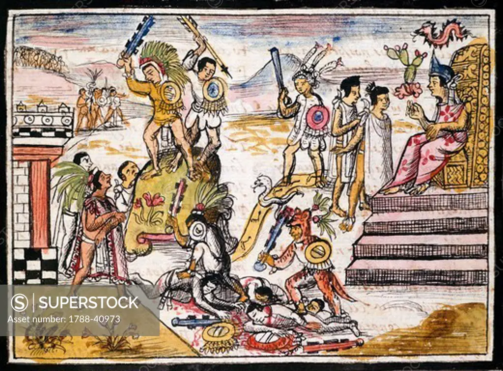Fighting between tribes before the Spanish conquest of Mexico, illustration taken from the History of the Indies by Diego Duran, 1579 manuscript.