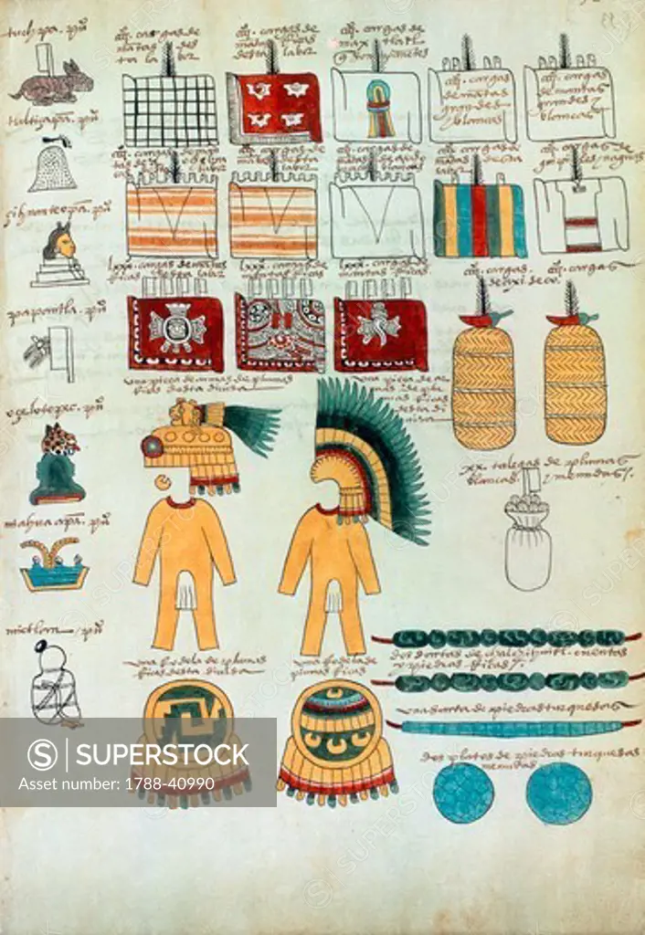 List of tributes paid by cities confederated to Aztec ruler from Menoza Code (Mexico, 16th Century). Aztec Civilization.
