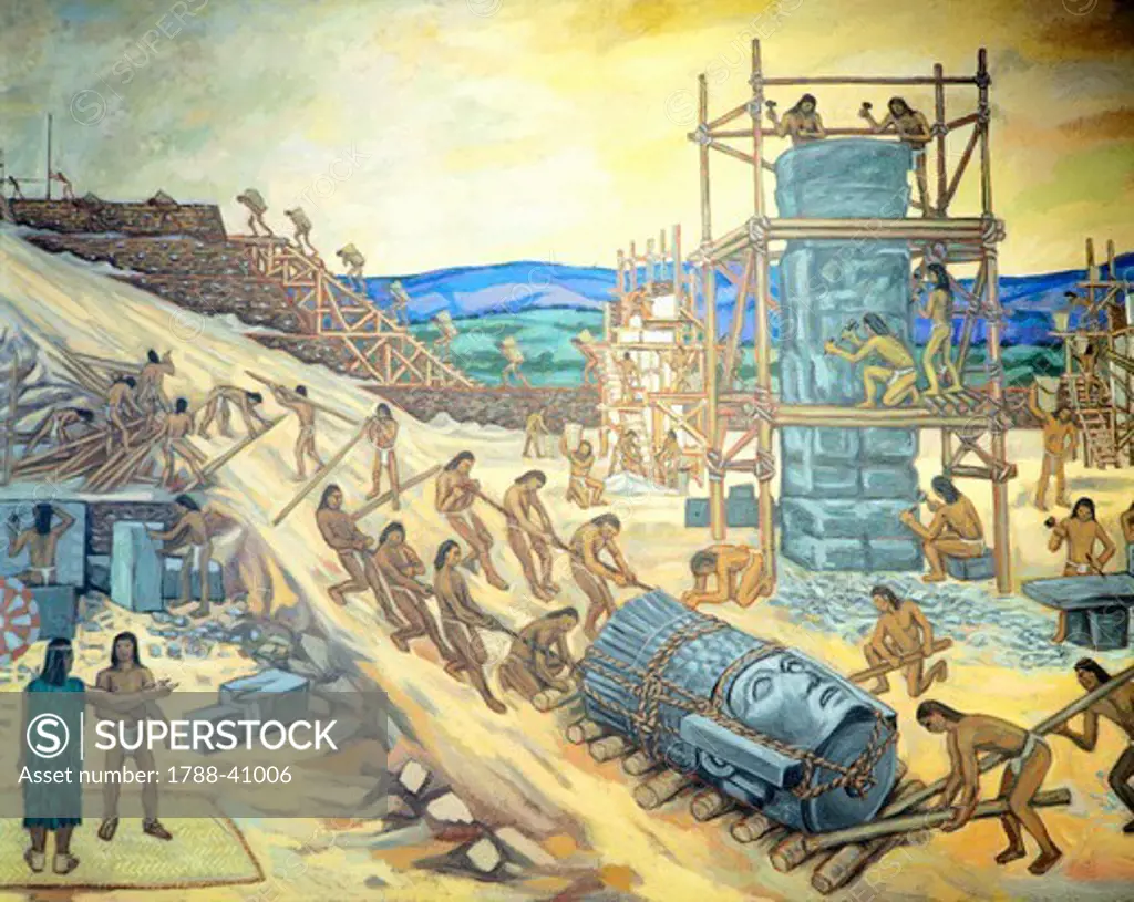Toltechi stone-cutters working to raise a statue of Atlas in the upper temple in Tula (Hidalgo, Mexico), painted by Alfredo Zalce (1908-2003).