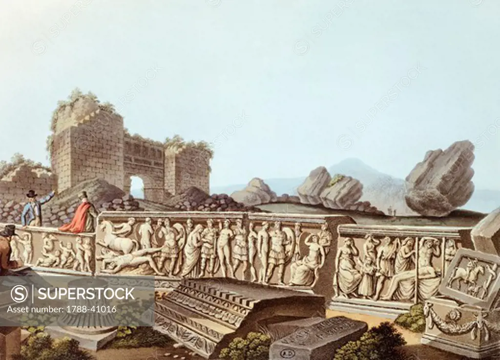 The ruins of Ephesus in Turkey, illustration by Luigi Mayer, 1804.