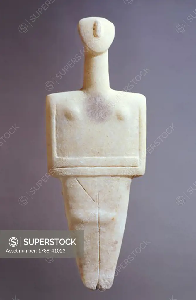 Idol in marble with traces of colour on the chest, from Syros, Greece. Cycladic civilization, 3500-1050 BC.