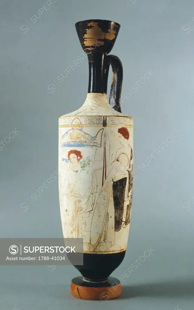 Attic lekythos, showing a funeral scene of a warrior seated in front of his tomb, 420-410 BC, attributed to the Painter Parrhasius of Ephesus, white ground pottery from Athens, Greece. Greek Civilization, 5th Century BC.