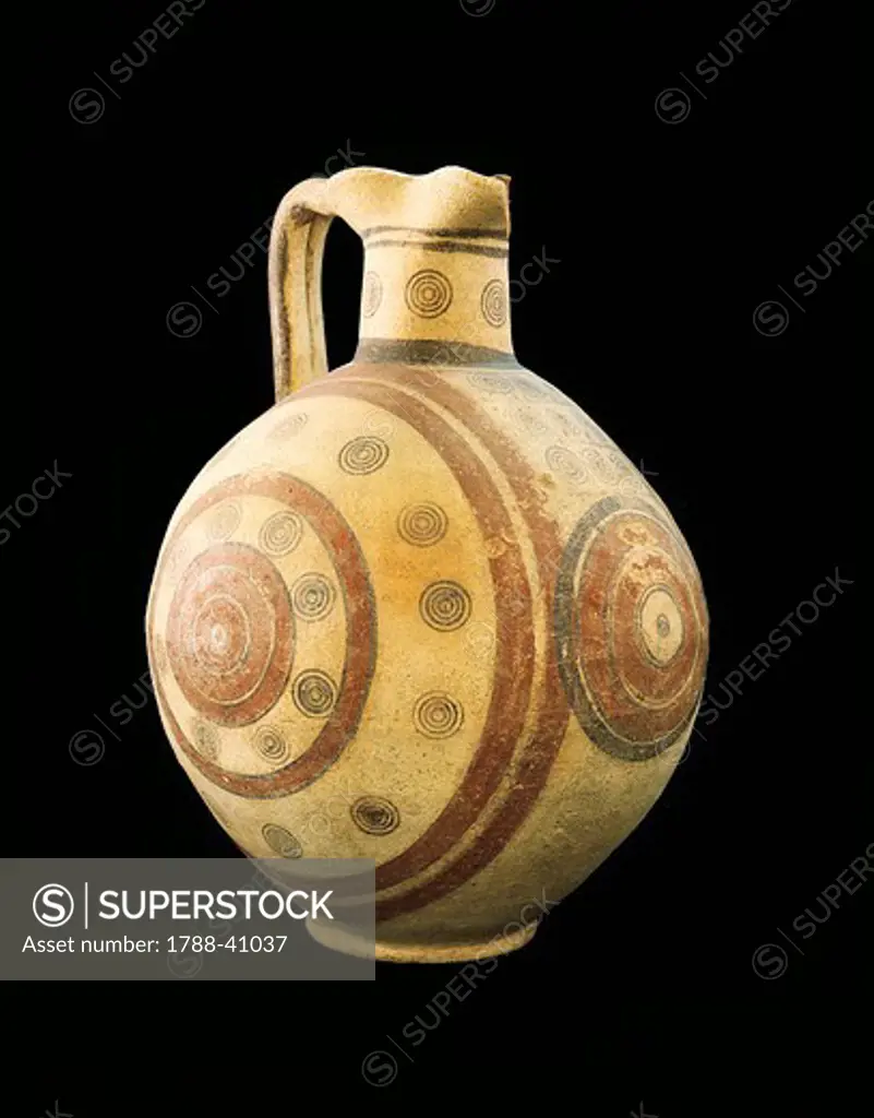 Ceramic jug with polychromed concentric circles decoration, Cyprus. Cypriot Civilization, 15th Century BC.