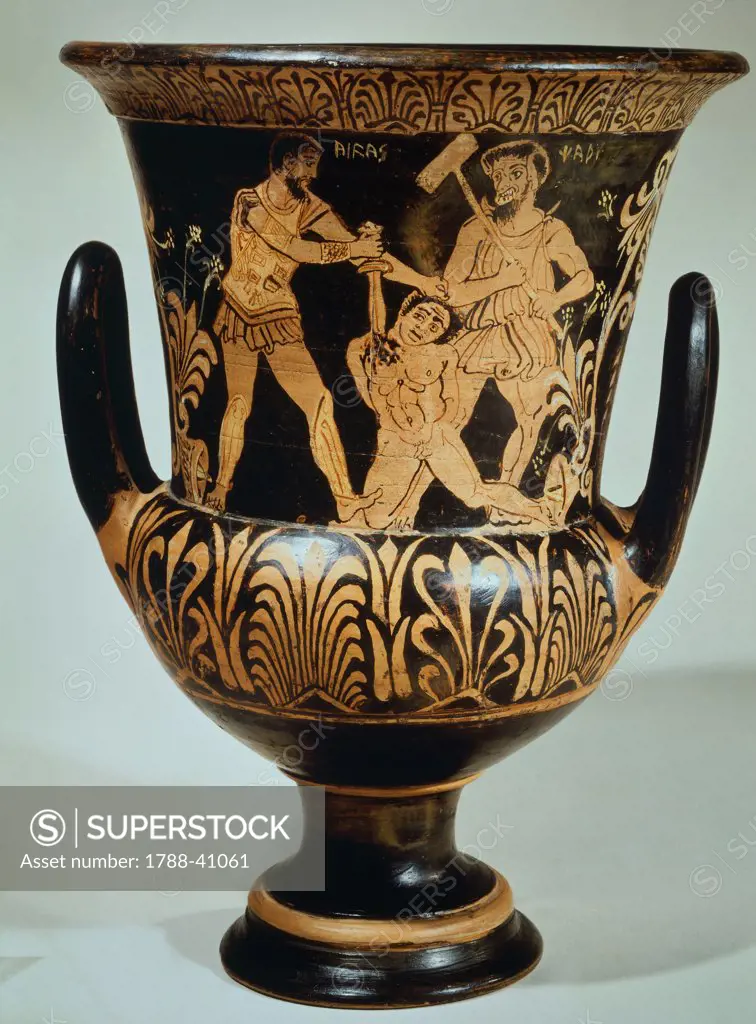 Chalice-shaped krater from the Painter of Turmuca depicting a scene of the afterlife with virgins and Caronte. Red-figure pottery from Vulci (Lazio). Etruscan Civilization, 4th Century BC.