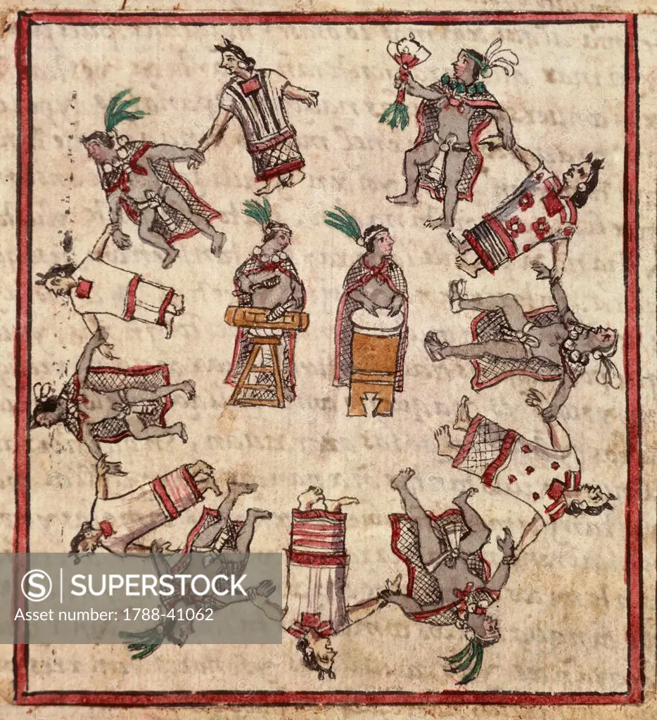Aztec dancing to the rhythm of drums, miniature from the History of the Indies by Diego Duran (1537-1588), 1579 manuscript, folio 305 recto.