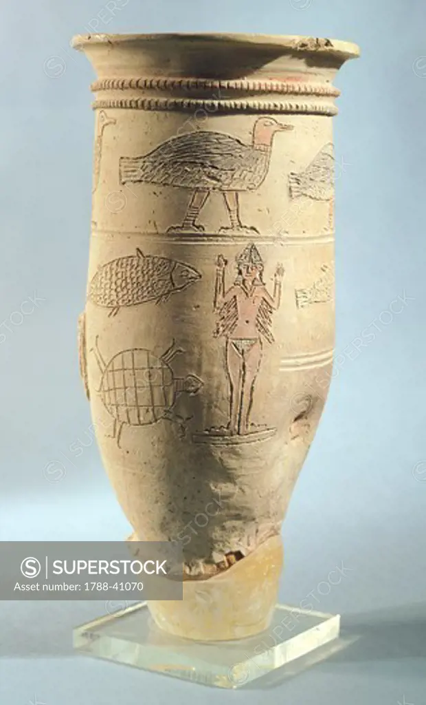 Engraved terracotta vase, from Larsa, Iraq. Sumerian civilisation, 3rd Millennium BC.