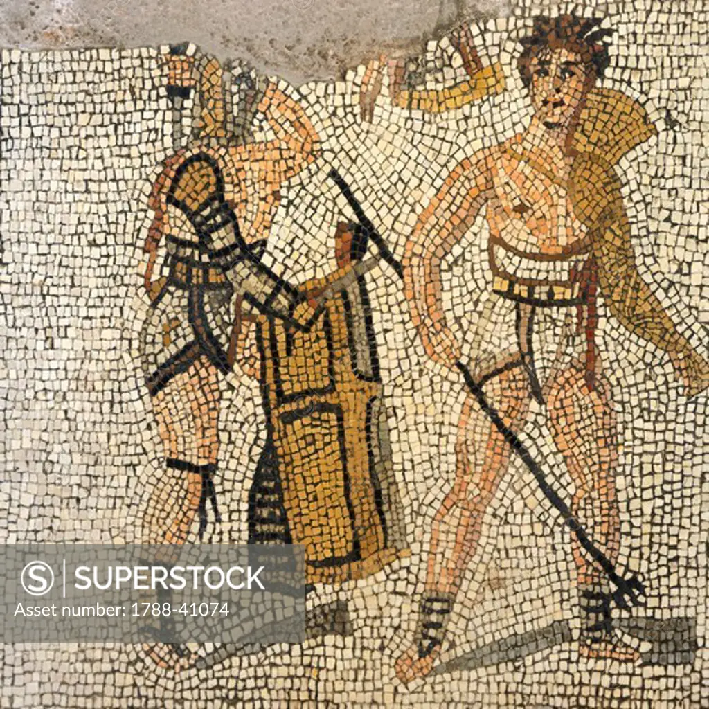 Mosaic depicting a gladiatorial scene, from the Roman Villa of Negrar (Verona). Roman Civilization, 1st Century.