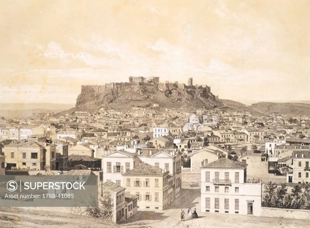 View of Athens, 1850, Charles Claude Bachelier (1834-1852), lithograph. Greece, 19th Century.