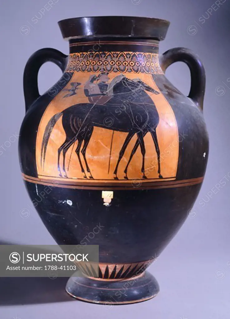 Amphora depicting a knight and squire, black-figure pottery, Italy. Ancient Greek civilization, Magna Graecia.
