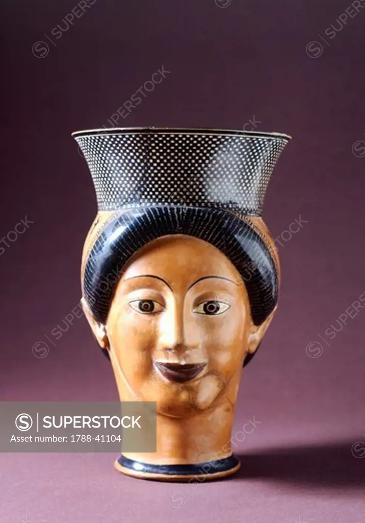 Rython in the form of a female head, 550-530 BC, attributed to Charinos, red-figure pottery. Greek Civilization, 6th Century BC.