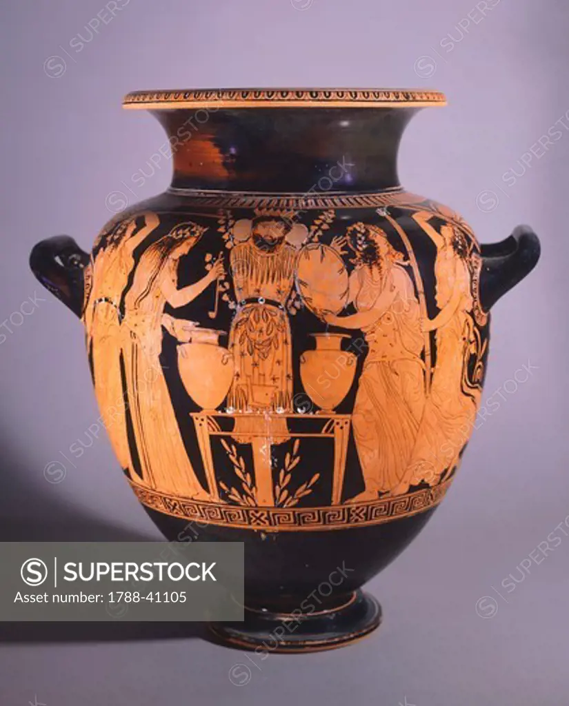 Attic stamnos showing a sacrifice to Dionysus, ca 420 BC, red-figure pottery. Greek Civilization, 5th Century BC.