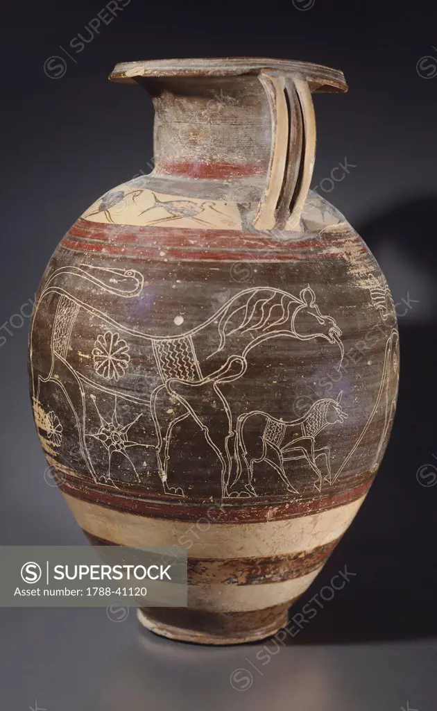 Polychrome amphora by the Painter of the Cappi, detail showing a panther and the horse. Etrusco-Corinthian pottery from Tarquinia (Lazio). Etruscan Civilisation, 7th Century BC.