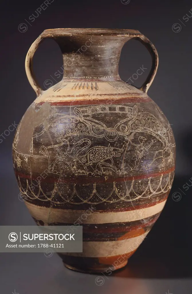 Polychrome amphora by the Painter of the Cappi, detail showing a panther. Etrusco-Corinthian pottery from Tarquinia (Lazio). Etruscan Civilisation, 630-600 Century BC.