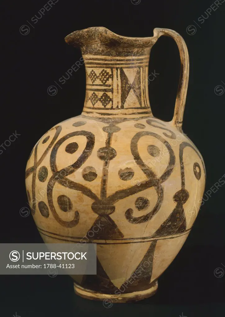 Oinochoe with circular motives. Geometric pottery. Etruscan Civilization, ca 700 BC.