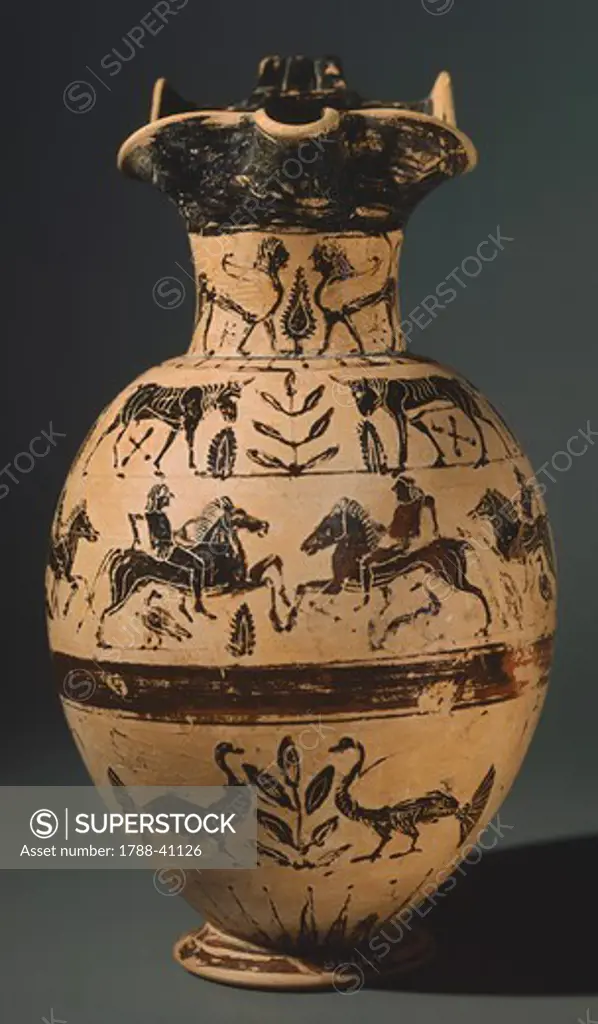 Pontic Oinochoe by the Anfiarao Painter. Black-figure pottery from Vulci (Lazio). Etruscan Civilisation, 6th Century BC.