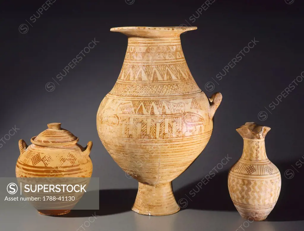 Funerary objects including oinochoe, ossuary and olla with lid. Geometric pottery from Vulci (Lazio). Etruscan Civilization, 725-700 BC.