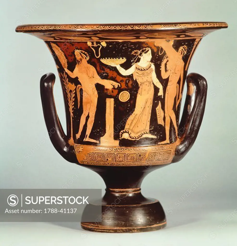 Calyx-krater (large vase) by the Painter of Nazzano depicting bacchants and satyrs. Red-figure pottery. Etruscan Civilisation, 4th Century BC.