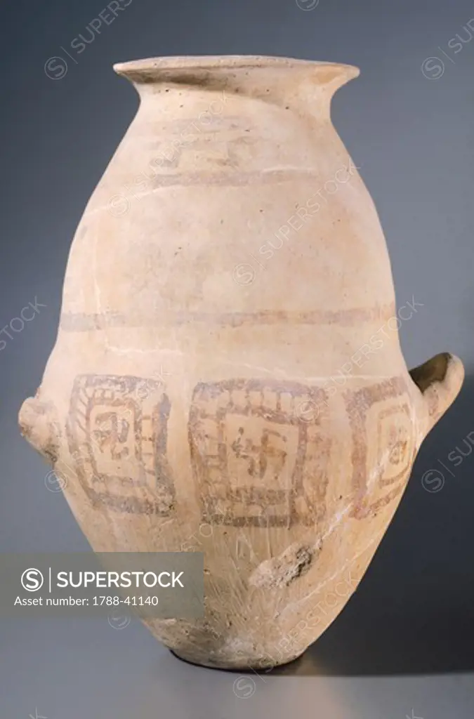 Biconical cinerary. Geometric pottery from the Necropolis of Valle Fata, Veio (Lazio). Etruscan Civilization, 9-8th Century BC.