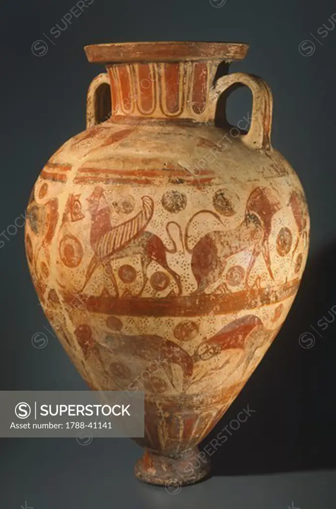 Amphora by the Bearded Sphinx Painter. Etrusco-Corinthian pottery from the tomb of the Bearded Sphinx Painter, Vulci (Lazio). Etruscan Civilisation, 610-600 BC.