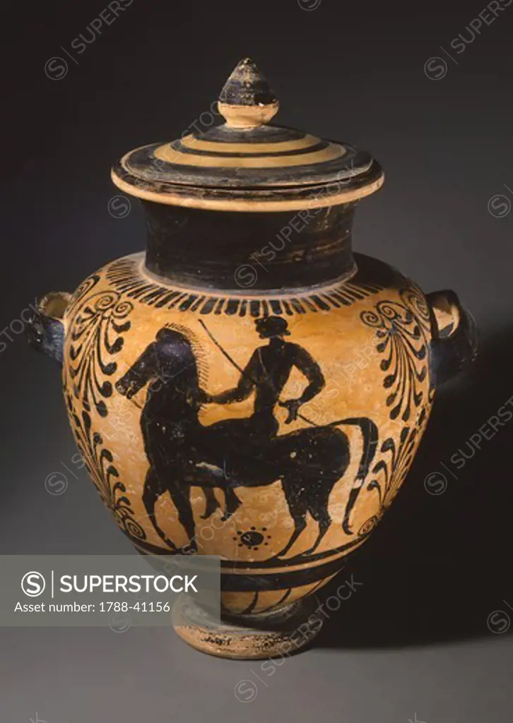 Stamnos (liquid storing vessel) depicting a horseman. Black-figure pottery. Etruscan Civilisation, 6th Century BC.