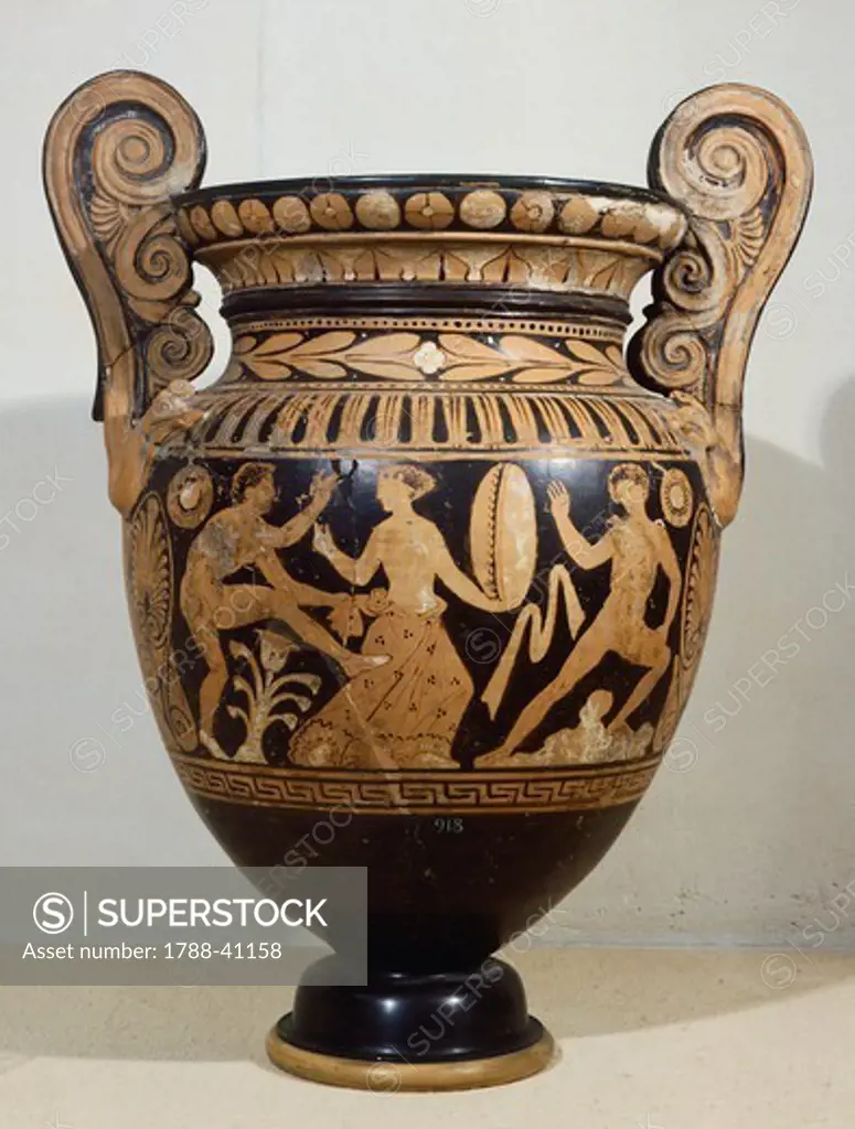 Volute krater (large vase) by the Alcestis Painter depicting satyrs and bacchants performing a dance. Red-figure pottery. Etruscan Civilisation, 4th Century BC.
