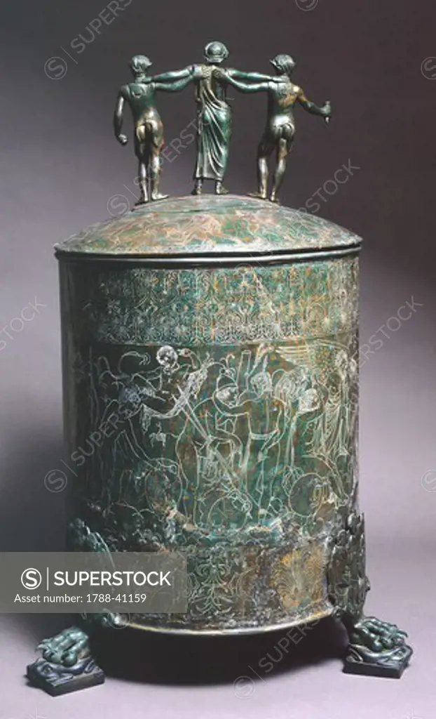 Cista Ficoroni (ritual vessel), copper cylindrical jewelry box. From Praeneste (modern day Palestrina, Lazio), found by Francesco de' Ficoroni. Etruscan civilization, 4th Century BC.