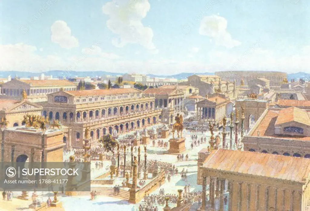 Reconstruction of the east side of the Roman Forum in the 4th century, coloured engraving by Theodor Josef Hubert Hoffbauer (1839-1922). Italy, 1911.