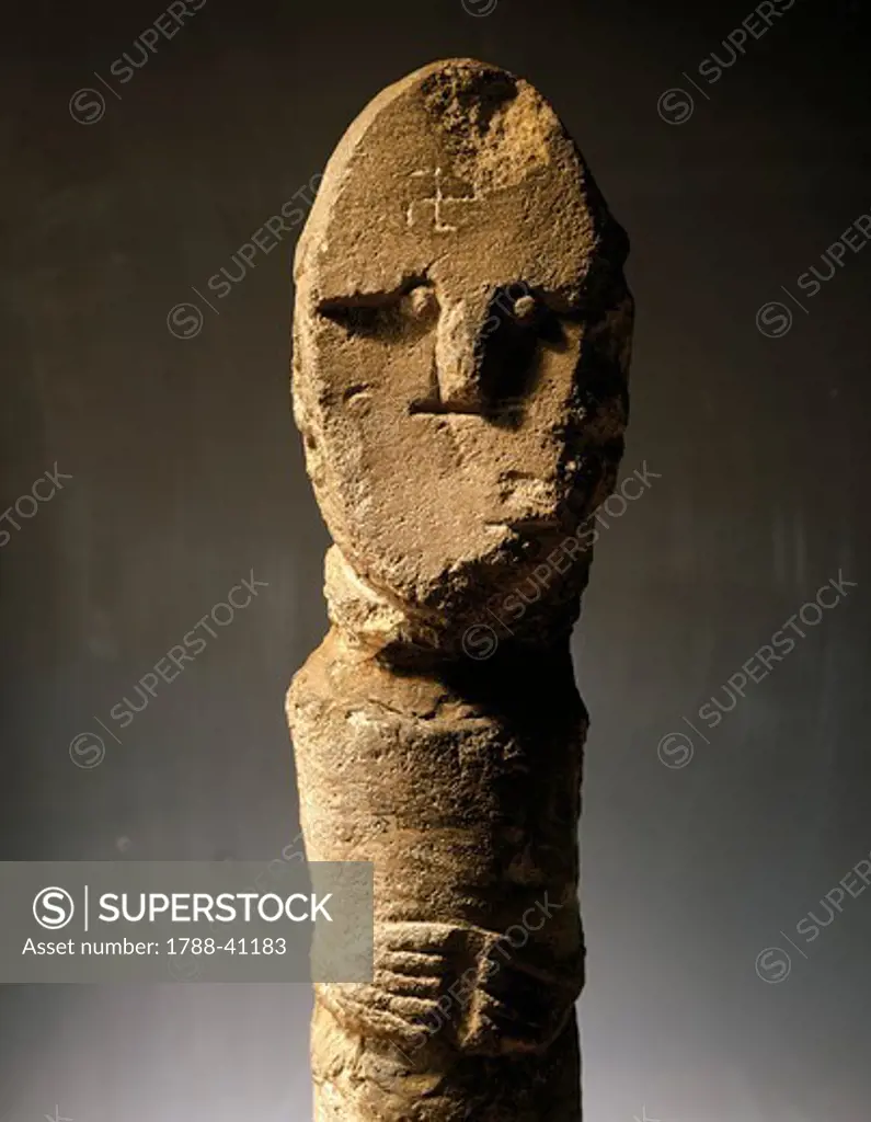 Stone sculpture depicting an antrophomorphic figure, from the region of Noemberjan, Armenia. Armenian Civilization, 10th-9th Century BC.