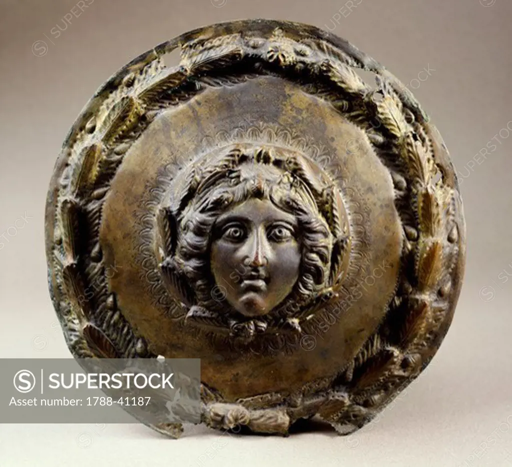 Bronze central shield medallion depicting Medusa, from Venlo, Netherlands. Roman Civilization.